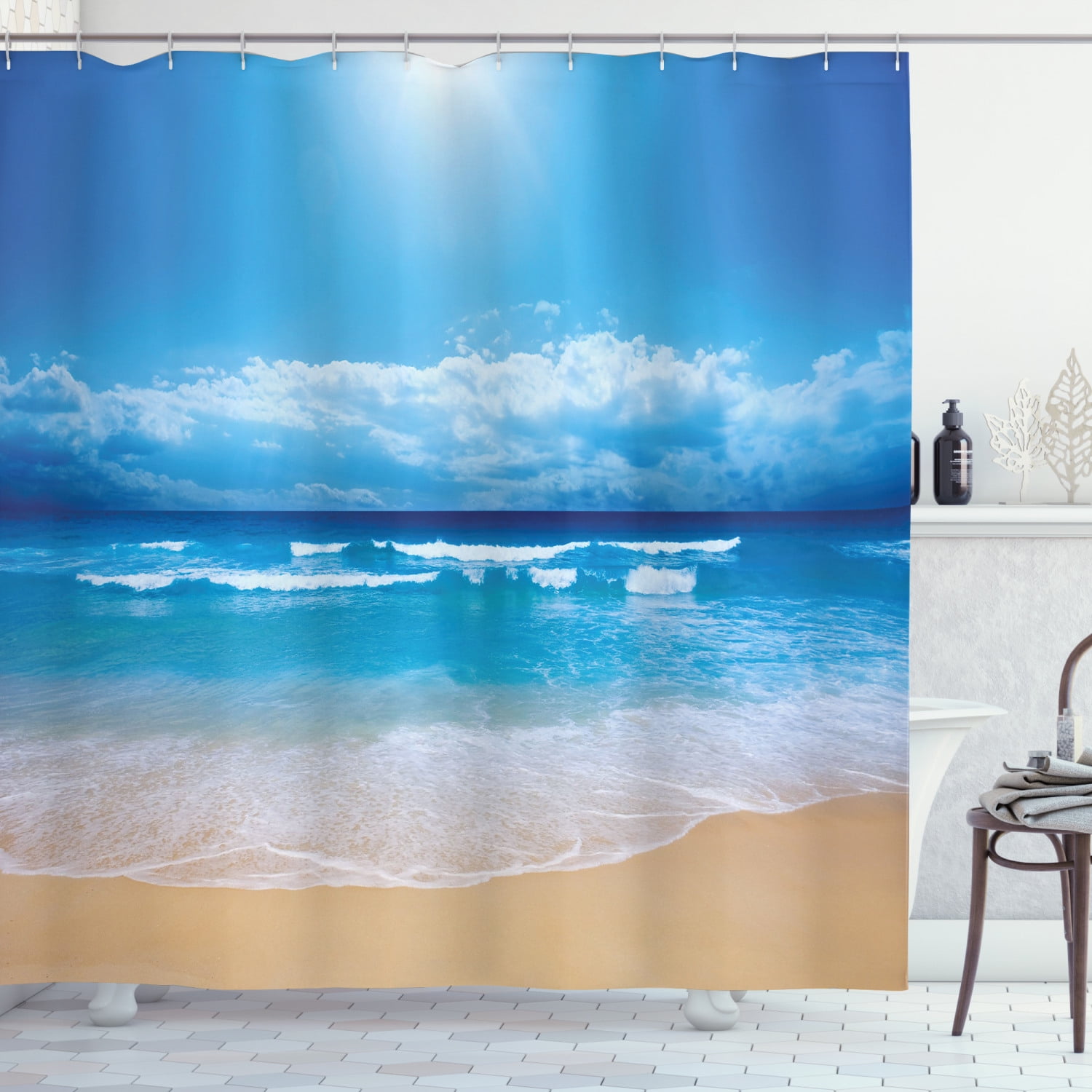 Beach Shower Curtain, Seascape Theme Landscape of the Beach and the