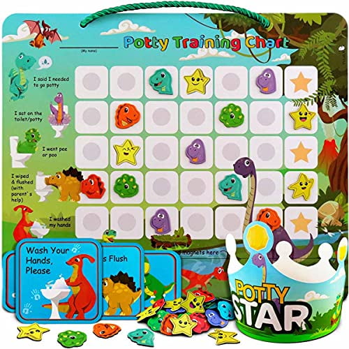 Potty-Training-Chart-with-35 Reusable Magnetic-Stickers. A Dinosaur Potty Chart That Reward Toddlers â€“ Motivational Toilet Potty Training Stickers Chart for Boys & Girls (Dinosaurs)