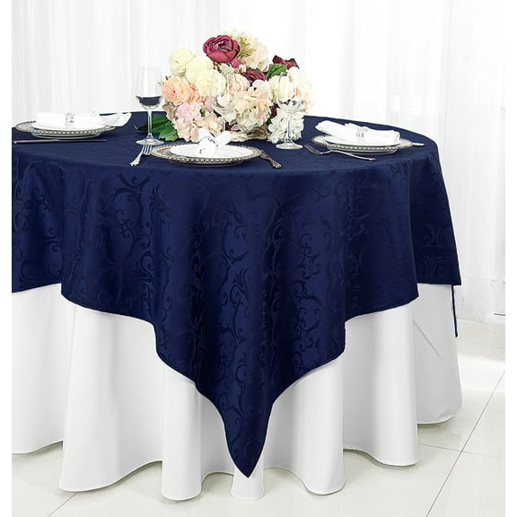 Wedding Linens Inc. 72"x72" Square Versailles Damask Jacquard Polyester Linen Tablecloth Table Overlays Toppers - Navy Blue