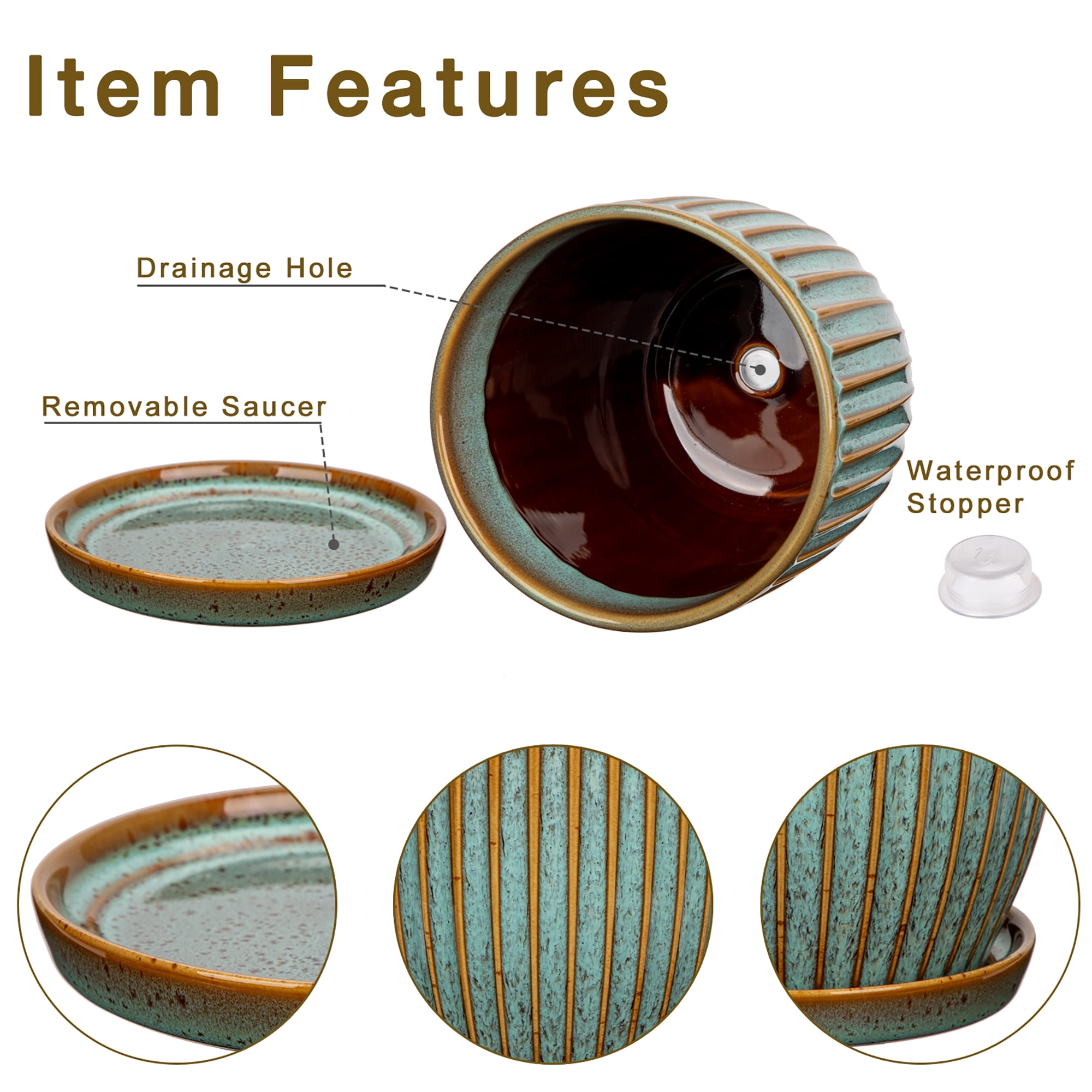 2 Pcs Ceramic Pots 4.9 &5.7 inch Plant Flowers Pots with Saucer and Drainage Holes Blue