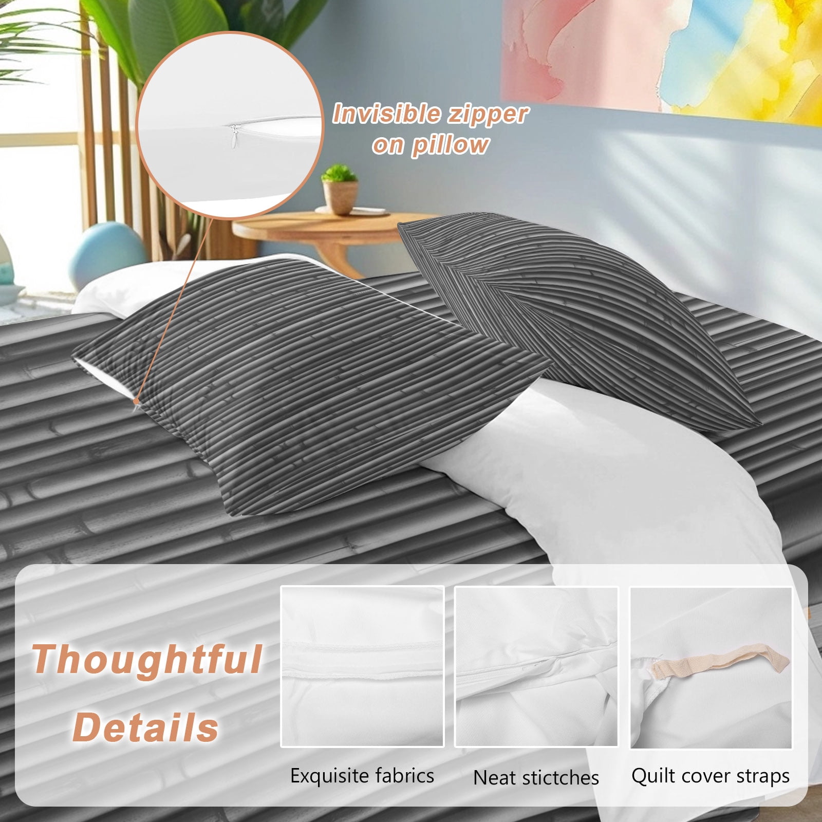 Black Bamboos 4 Piece Duvet Cover Set Queen Size Natural Vintage Bamboos Tree Plant Image Soft Bedding Set Comforter Cover, 1 Duvet Cover 1 Flat Sheets and 2 Pillowcases