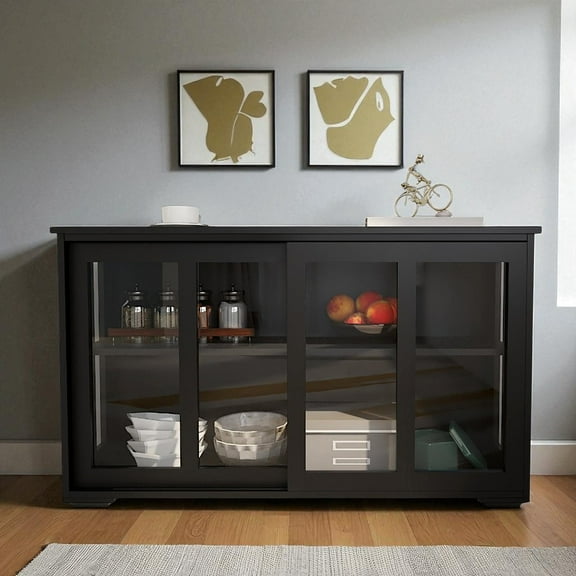 IVV 41.9" Black Buffet Sideboard with 2 Sliding Glass Doors & Adjustable Shelf, Modern Storage Floor Cabinet Kitchen Cupboard for Dining/Living Room
