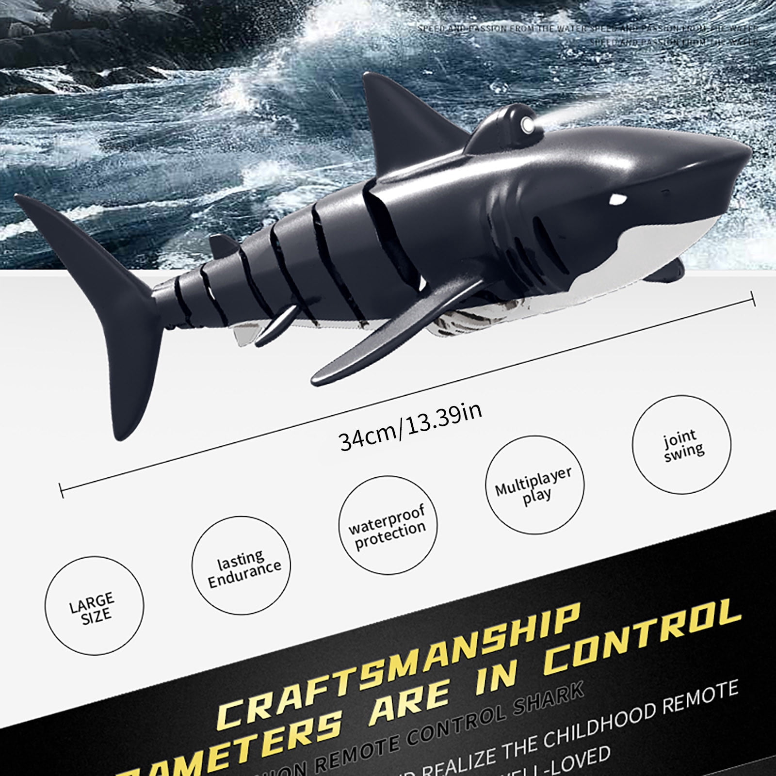 Floleo Remote Control Shark Toy, 4 Channel Electronic Swimming Fish with 40m Range, Underwater RC Toy for Pool Lakes, Quick Charge Aquatic Vehicle for Teens & Adults