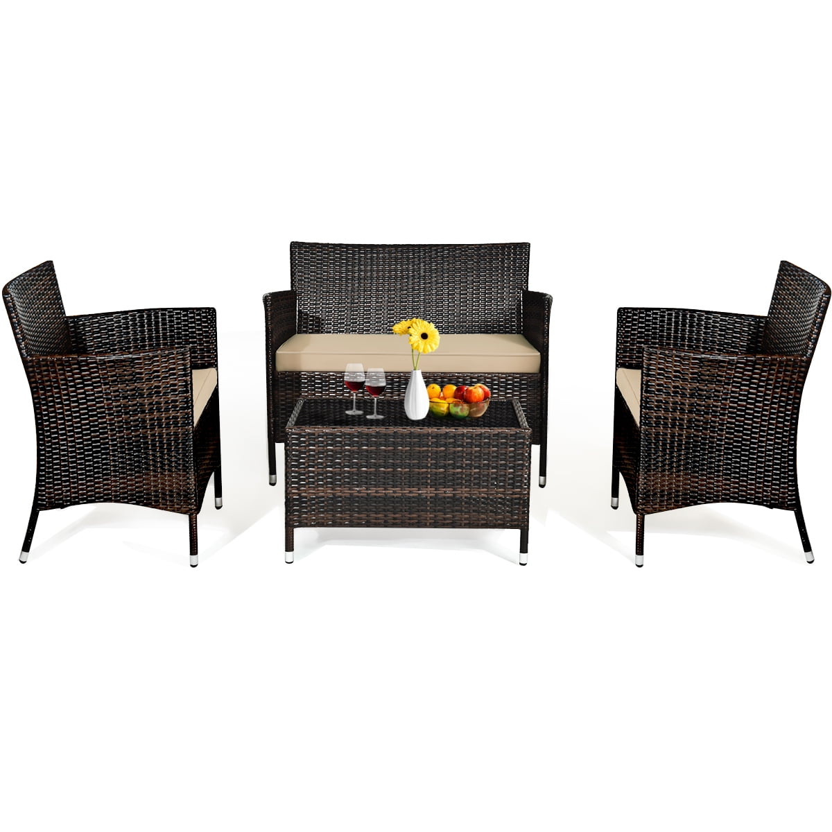 Patiojoy 4Piece Patio Rattan Wicker Furniture Set Sofa Chair Table Set