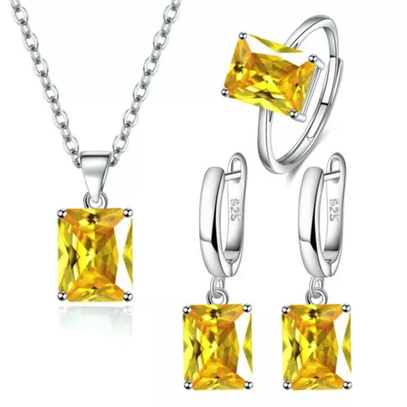 GKNET Womens 925 Sterling Silver Square Zircon Necklace Earrings Rings Sets Jewelry-Yellow