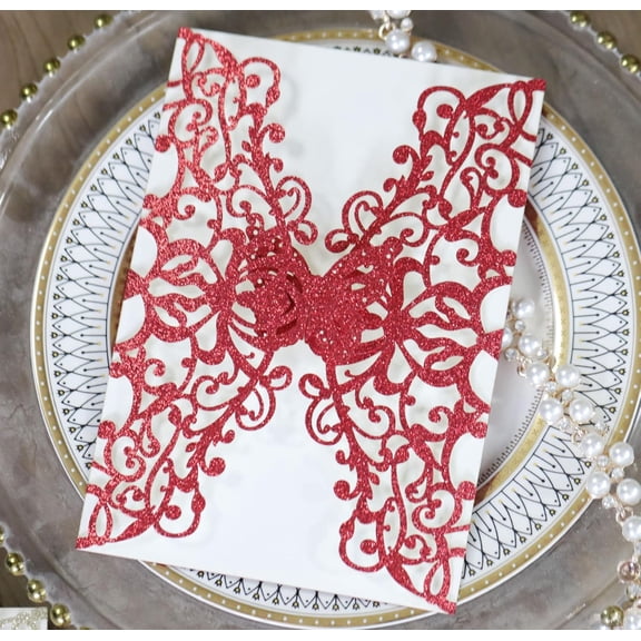 50Pcs Glitter Laser Cut Lace Flora Wedding Invitation Cards with Butterfly for Bridal Shower Engagement Quinceañera Wedding Invite