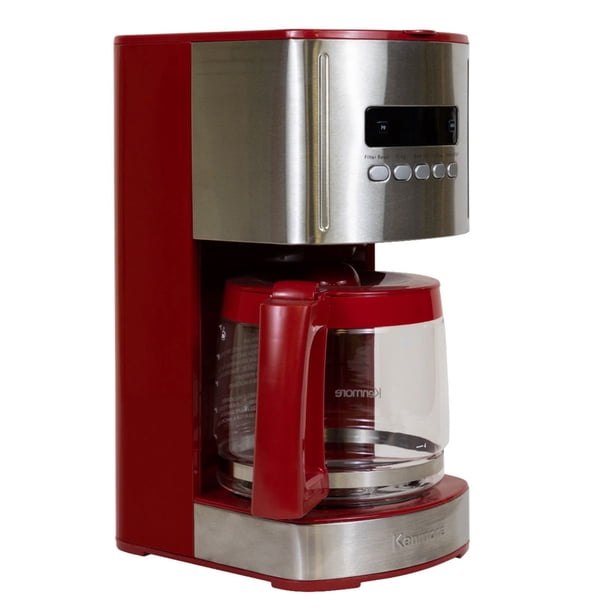 Kenmore Cafetera Programable de 12 Tazas, Cafetera Roja y de Acero Inoxidable con Pantalla Digital, Temporizador, Control de Aroma, Filtro de Agua con Carbón, Preparación Regular/negrita