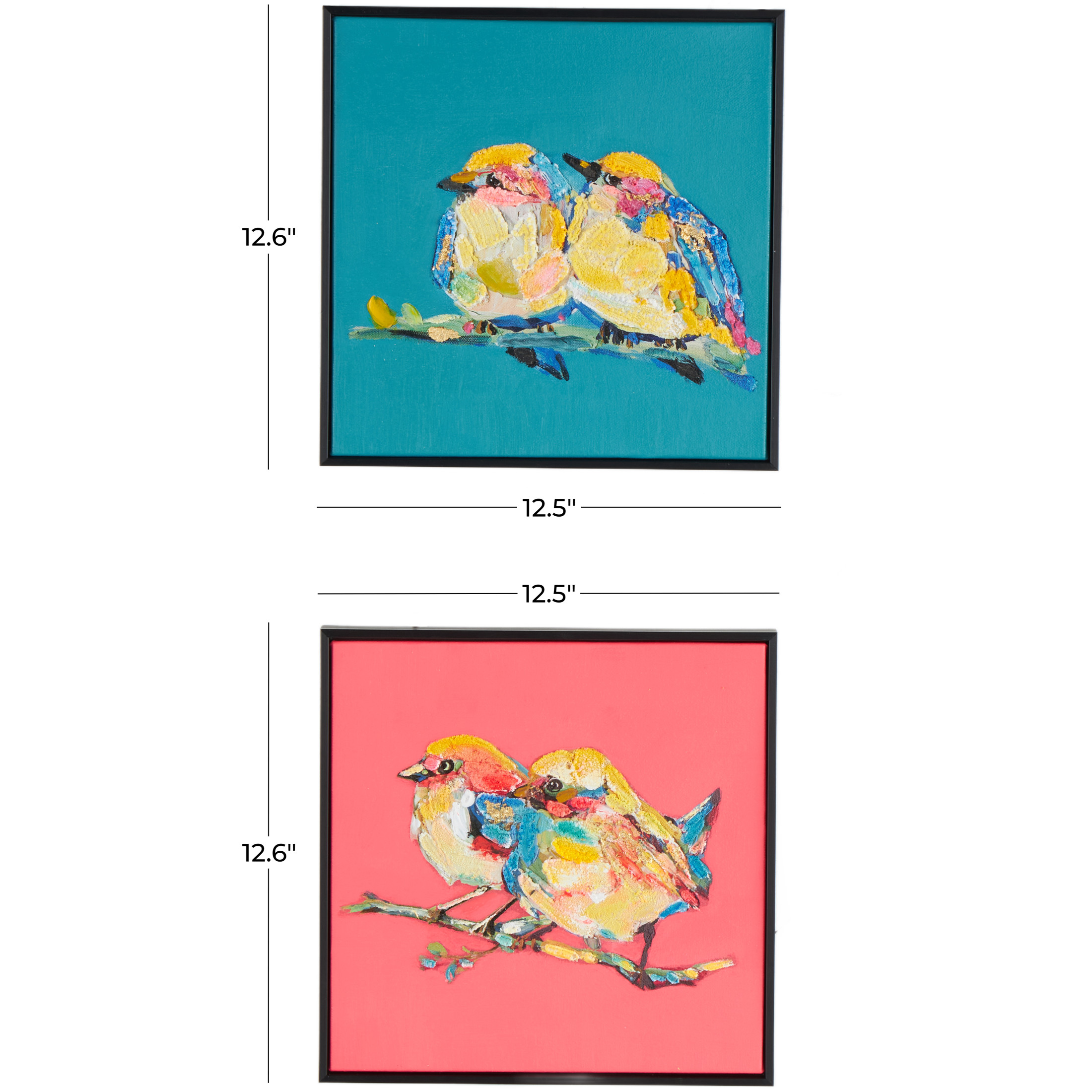 13" x 13" Colorful Bird Framed Wall Art with Black Frame and Gold Foil Accents, by DecMode (2 Count)