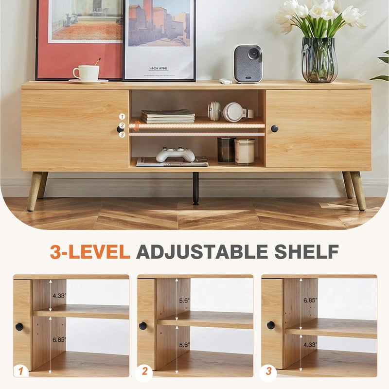 GIANNA Mid-Century Modern Wooden TV Stand for 55-60” TVs, 2 Storage Cabinets, Adjustable Shelf, Cable Management, Sturdy Legs, Easy Assembly, Wood