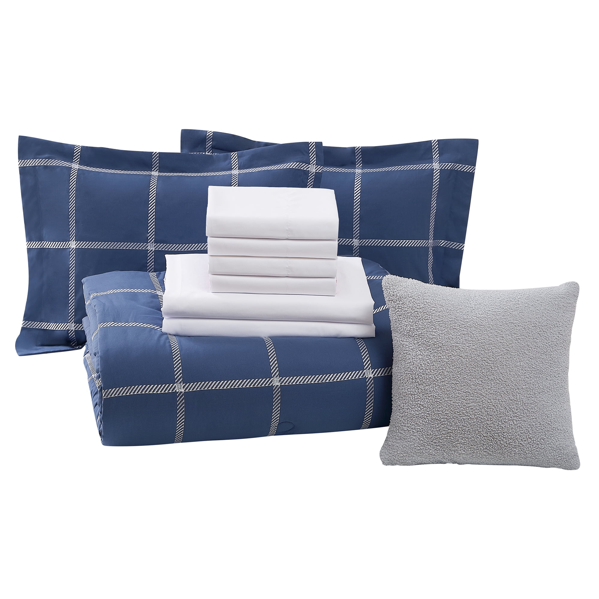 Mainstays Navy Windowpane 10 Piece Bed in a Bag Comforter Set with Sheets, Queen
