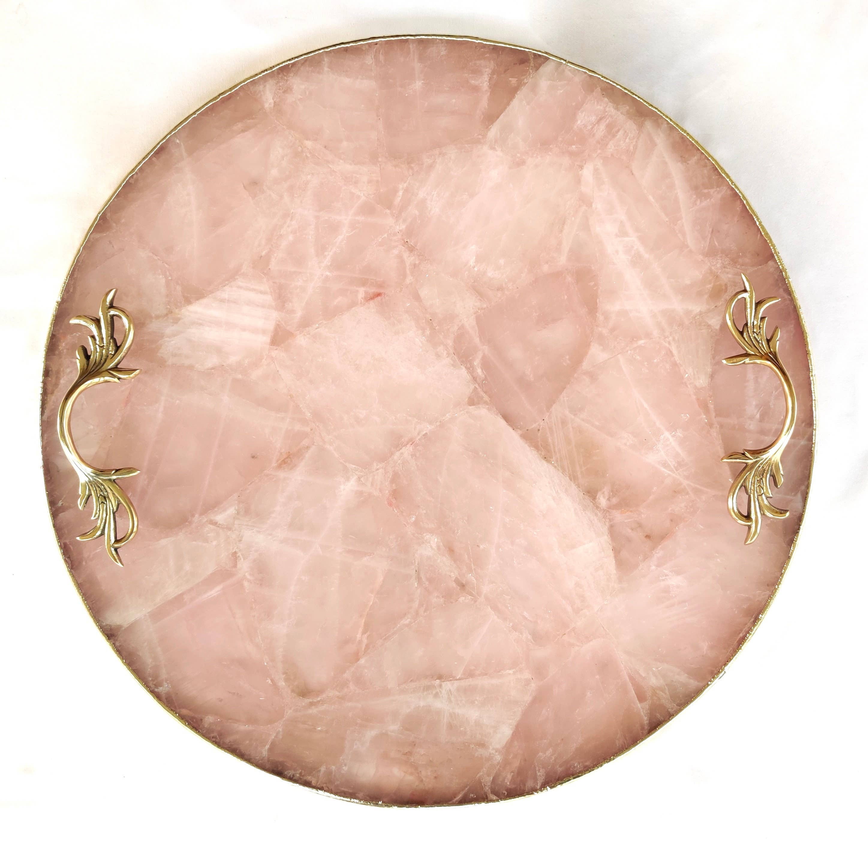 Rose Quartz Agate Serving Tray With Brass Handles,Circular