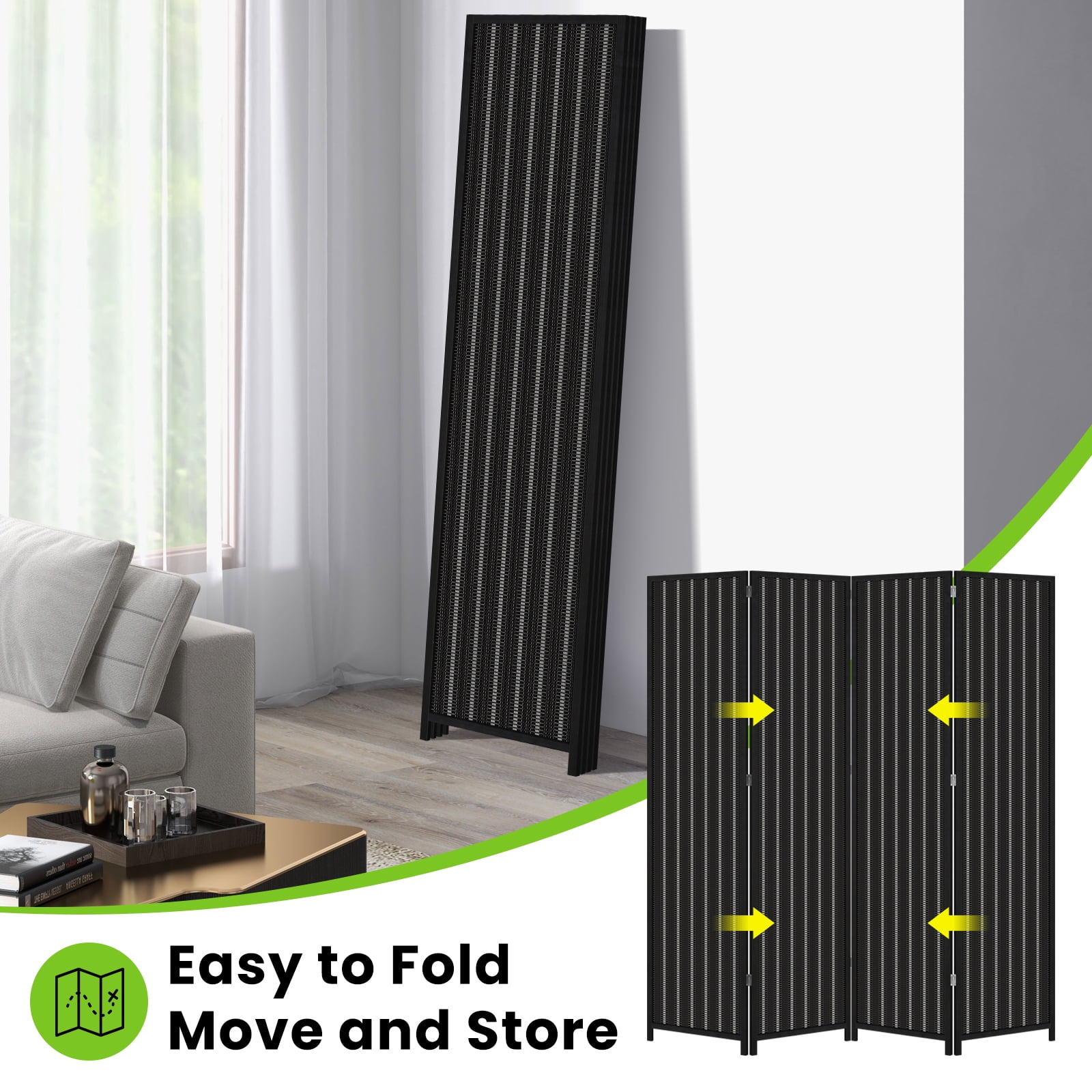 BIQWBIC Bamboo Room Divider Folding Privacy Screen, 72 Inches High, 4 Panel, Black