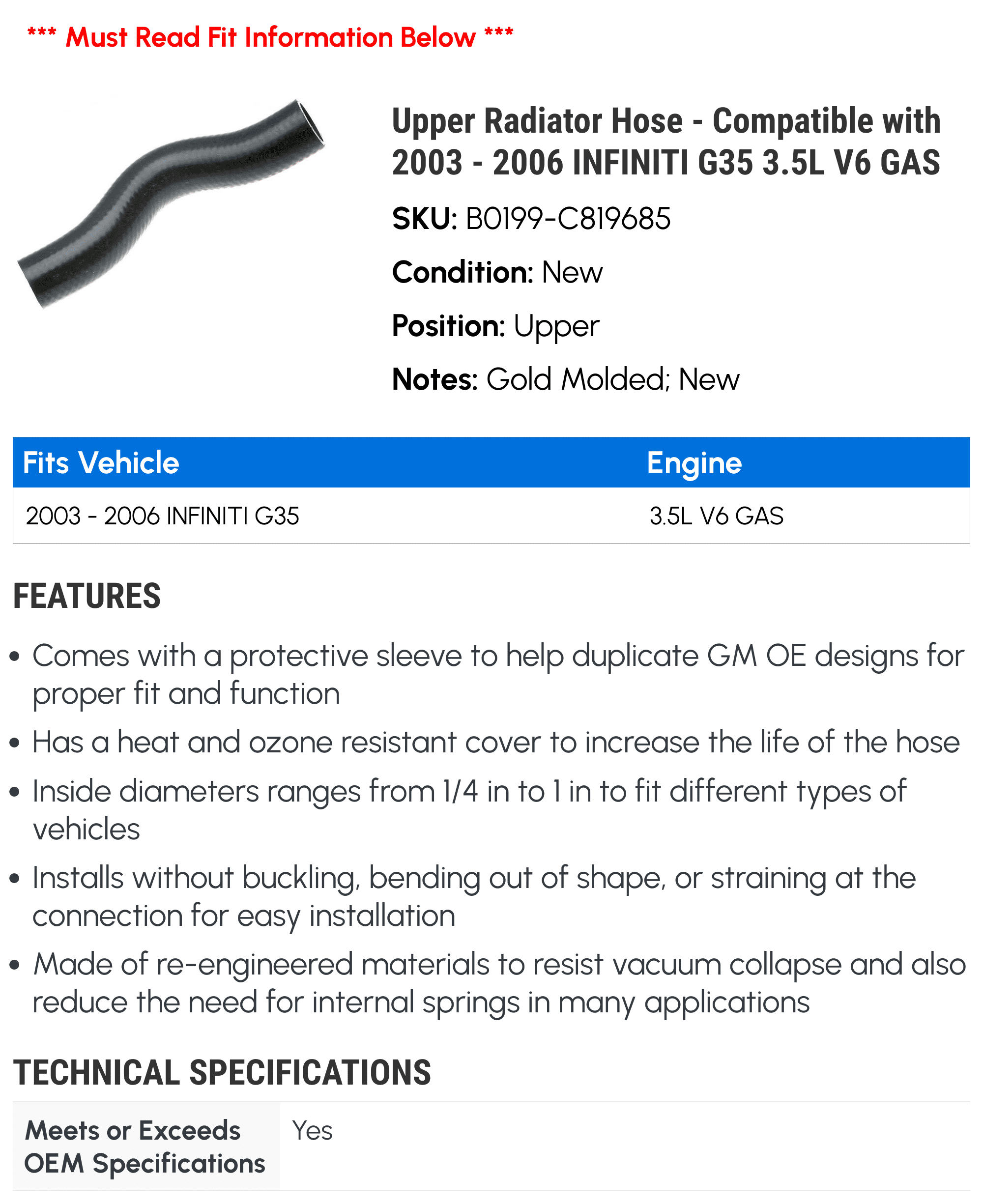 Upper Radiator Hose - Compatible with 2003 - 2006 INFINITI G35 3.5L V6 GAS - AC Delco