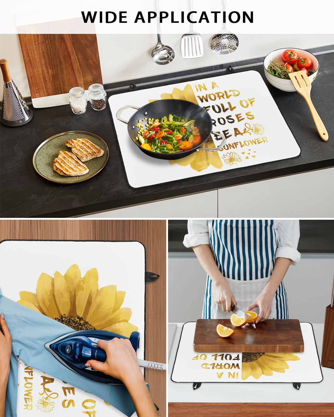 Large Induction Cooktop Protector Mat Yellow Sunflower Stove Top Covers for Electric Stove, Floral Rustic White Quotes Decorative Stove Burner Cover Mats, Glass Top Stove Cover