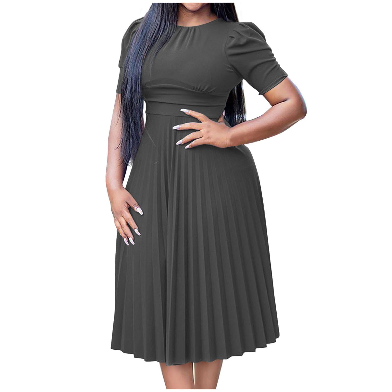 OSFVNOXV Work Dresses for Women Summer Bodycon Pleated Dresses Short Sleeve Crewneck Baby Doll Dresses for Seniors