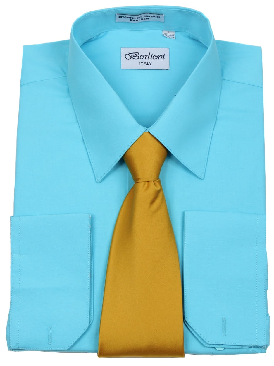Aqua Solid Mens Dress Shirt and Tie Set