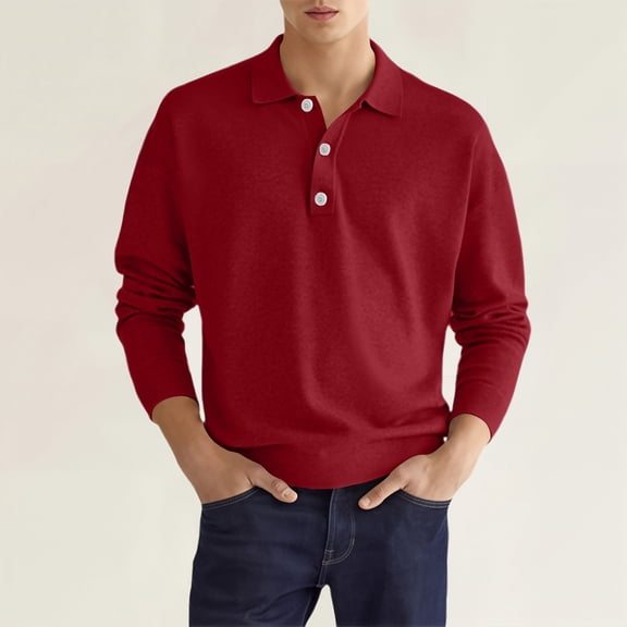 Mens Polo Shirts Classic Golf Work Blouses Loose Long Sleeve Tees Solid Color Boutton T-Shirts, L