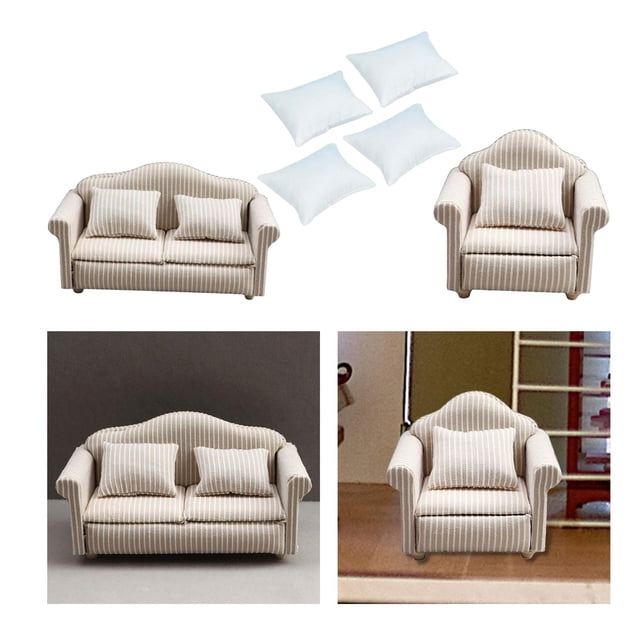 Mini Miniature Wood Sofa Set with Cushion for 1/12 Dollhouse Living Room Ornament Children Gift perfke Sofá de casa de muñecas