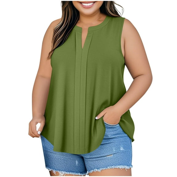 Womens Oversized Plus Size Tops, Sleeveless Shirts for Women Summer Dressy Casual Cotton Linen Notch V Neck Tank Tops