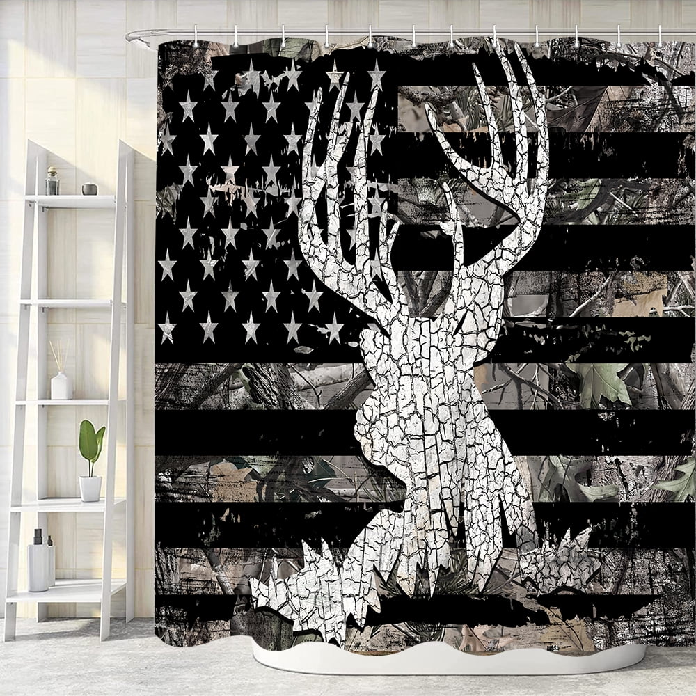American Flag Deer Shower Curtain,Camo Buck Elk USA Flags Countryside Rural Camouflage Animal Wildlife Antlers Hunting Wooden Bathroom Accessories Farmhouse for Bathroom Curtain Set with Hooks,72X72IN