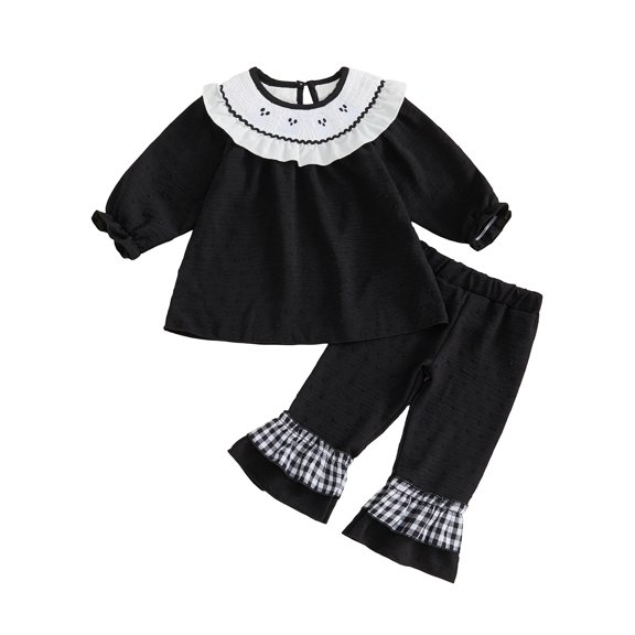 RUINIXCW Toddler Baby Girl Halloween Outfit Infant Baby Girls Fall Clothes Cute Pumpkin Ghost Embroidery Long Sleeve Babydoll Shirt Tops Ruffled Flare Pants Set
