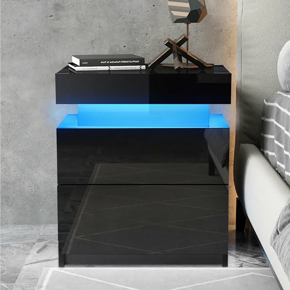 Modern LED Nightstand, High Gloss Finish Bedside Table, LED End Table with 2 Drawer for Home