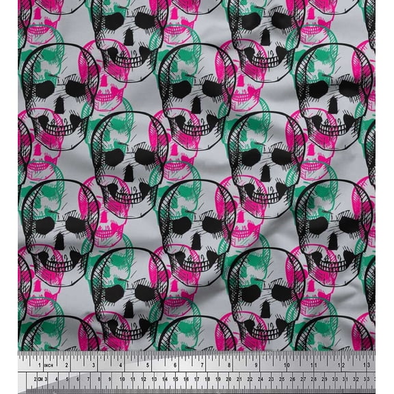 Soimoi Silk Fabric Skull Halloween Print Sewing Fabric Yard 42 Inch Wide