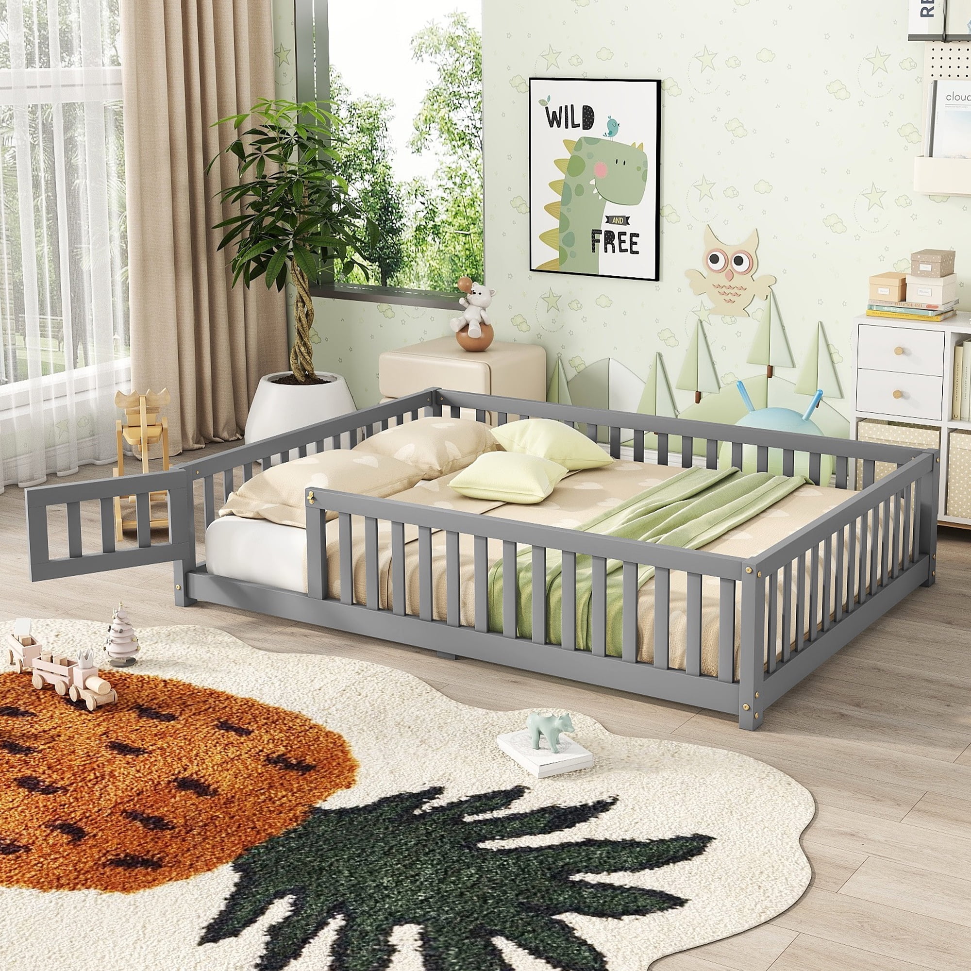 Bellemave Full Size Bed Floor Bed with Safety Guardrails and Door, loor Bed with Bed Slats Sturdy Wood Floor Bed Montessori Bed Frame, Gray
