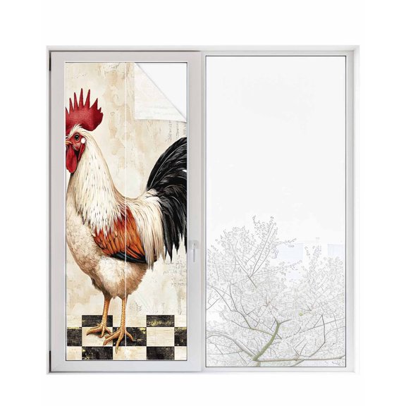 Window Privacy Film Vintage Rooster Stained Glass Window Film Decorative Sun Block Window Cover Watercolor Pastoral Animals White Window Clings Static Adhesive Sticker for Bathroom 23.6"x59"