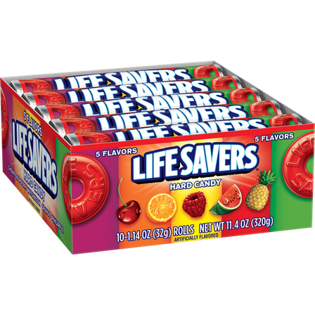 Life Savers 5 Flavors Hard Candy Rolls – 10 Count Display Box, 1.14 oz Each, Assorted Fruit Flavor Candy
