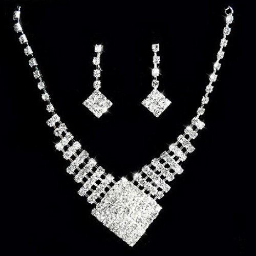 Ayyufe Lady White Gold Plated Rhinestone Bridal Wedding Pendant Necklace Earrings Set