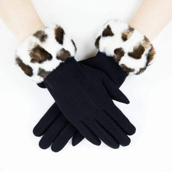 Embrace Elegance and Comfort with Faux Fur Leopard Cuff Gloves - BLACK WHITE