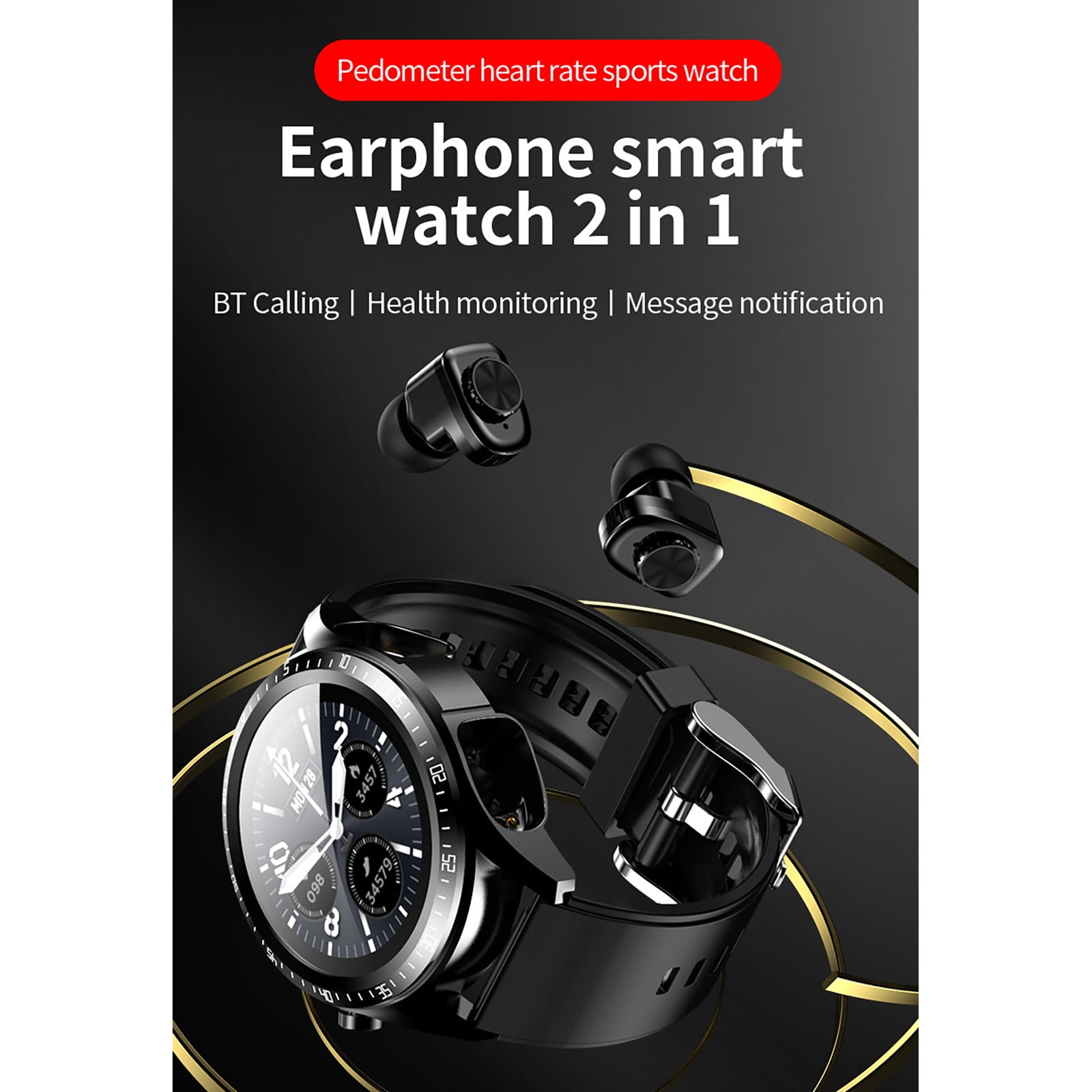 Bluetooth Smart Watch with Earbuds, Round Fitness Watch with Pedometer, Calories, Sleep Monitor, Stress Monitor for IOS and Android, Smart Watch