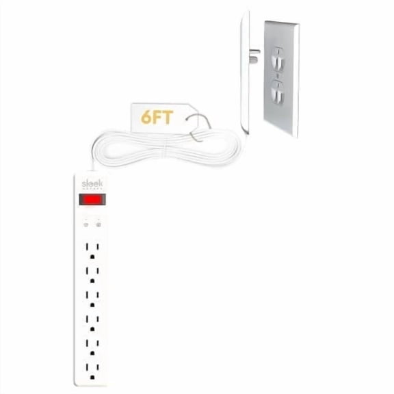 Sleek Socket Inverted Outlet Concealer with 6-Outlet Power Strip, Surge Protector, 6 ft Flat Plug Extension Cord, White