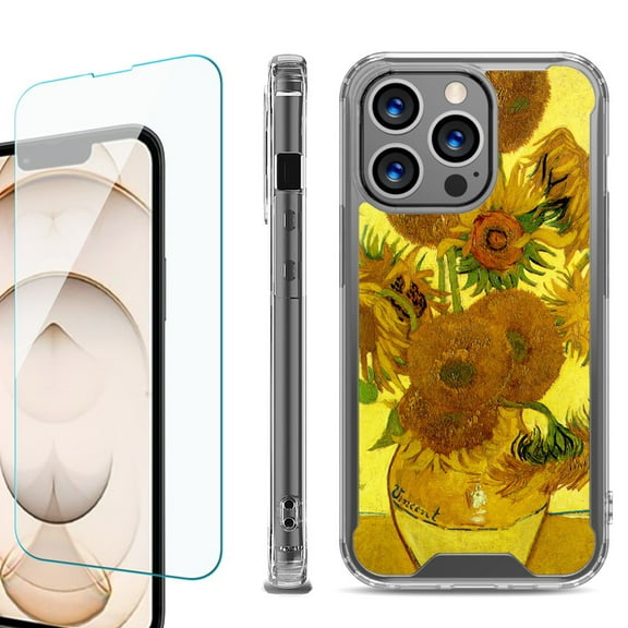 Shockproof Bumper Phone Case for iPhone 13 Pro Max, with Tempered Glass Screen Protector, by OneToughShield ® - Sunflower