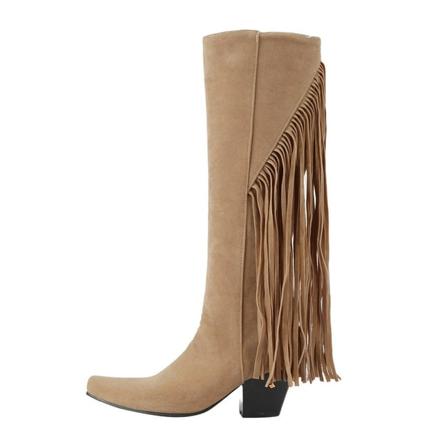 WEAIXIMIUNG Over The Knee Boots Wide Calf Black Ladies Fashion Square Heel Square Toe Solid Color Back Fringe Retro Mid High Boots