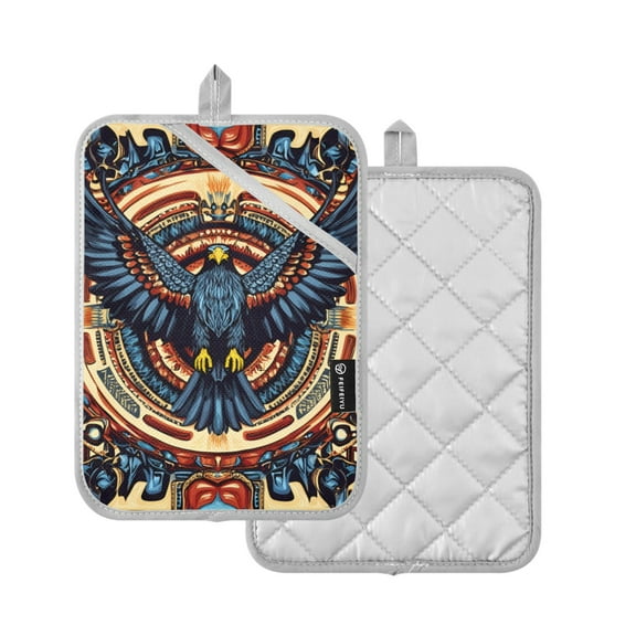Yayeee Pot Holders Kitchen Heat Resistant with Pocket 7"x9.8" Cotton Oven Cooking Hot Pads, Blue Geometric Eagle