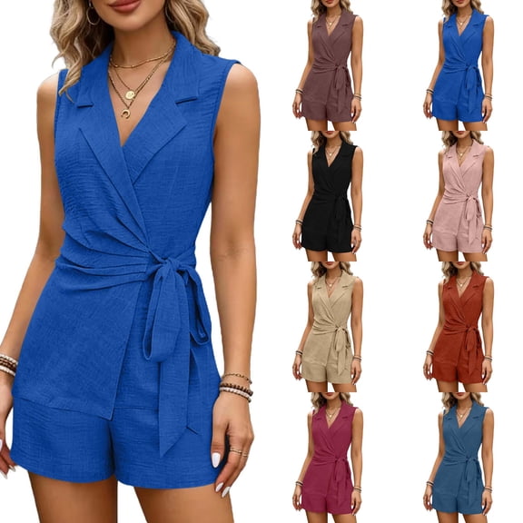 DYTTDG Women's 2-Piece Outfit | Deep V-Neck Sleeveless Top & High Waist Shorts with Waist Tie Set, Casual Summer Loungewear