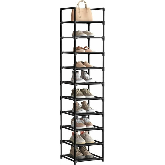 SONGMICS Zapatero, estante de zapatos de 10 niveles, organizador de almacenamiento de zapatos, 13 x 13 x 68 pulgadas, marco de metal, estantes de tela no tejida, para entrada, dormitorio, negro