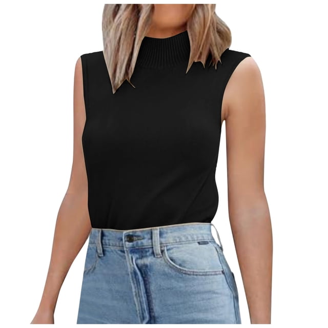 MIASHUI Débardeur Sans Manches en Tricot pour Femmes Tendance Décontracté Col Roulé, Noir, P