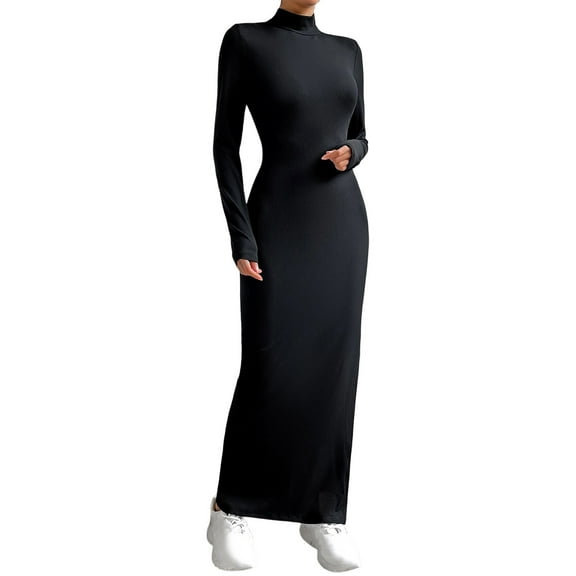 Turtleneck Bodycon Maxi Dress for Women Long Sleeve Slim Fit Stretchy Casual Fall Winter Split Dresses