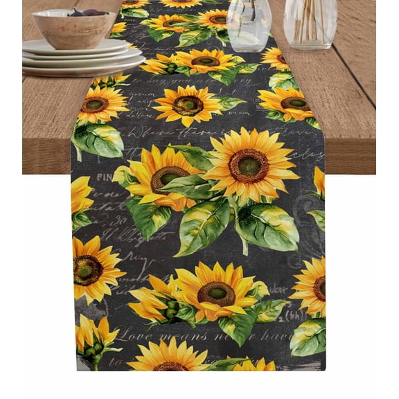Sunflower Black Retro Table Runner 36 Inches, Spring Summer Flowers Botanical Bed Runner Dresser Scarves Tabletop for Indoor Outdoor Parties/Ceremony/Banquet, 13"x 36"