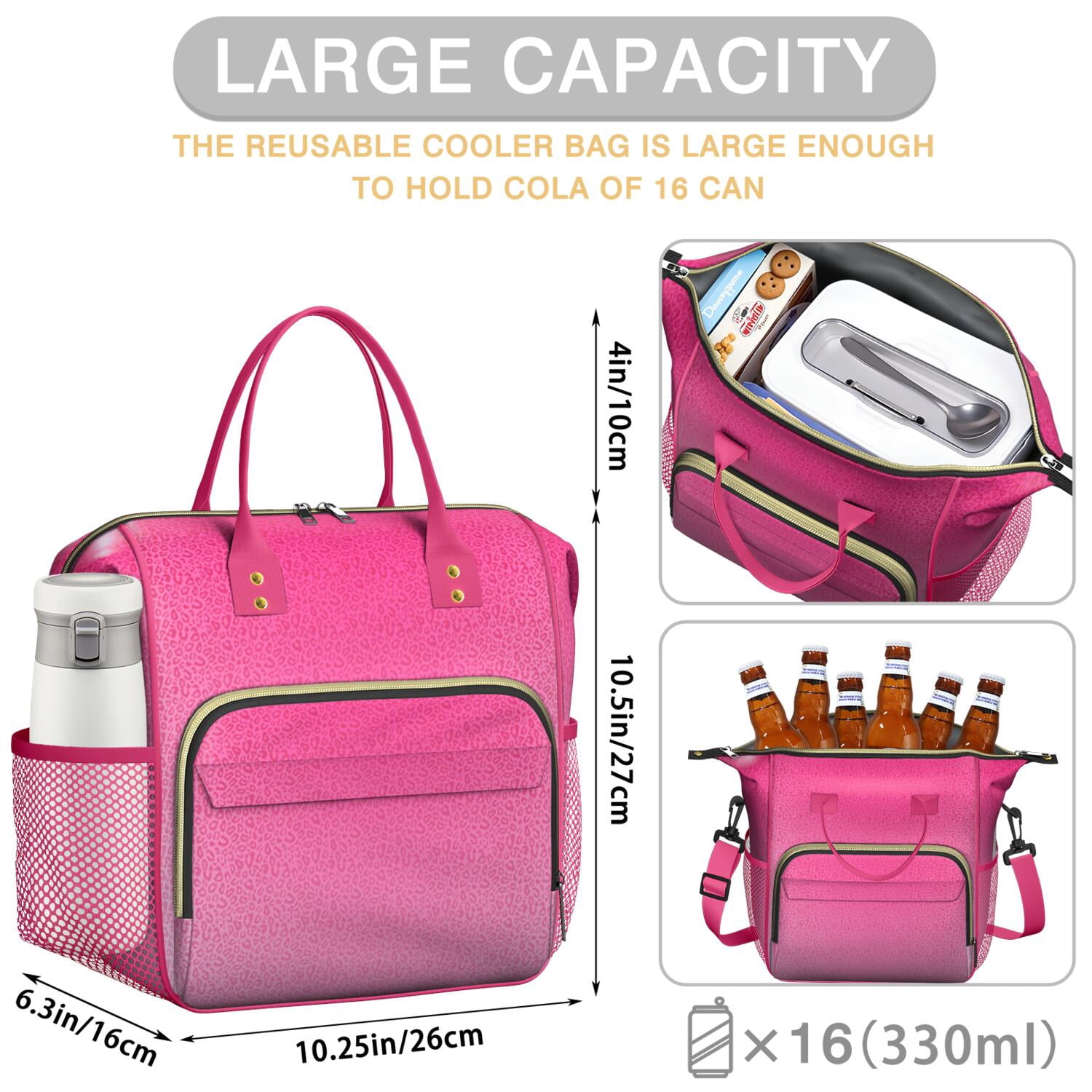 Pink Gradient Leopard Print Womens Lunch Box for Work,Insulated Large Lunch Bag for Tween and Teen,Loncheras Para Mujer,Leakproof Adult Lunch Bag for Work,Beach,Travel,Picnic,Camping