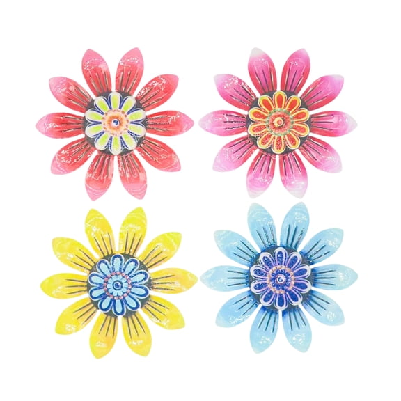 Metal Flower Wall Decor, Set of 4 Multi-Colored Outdoor Metal Floral Hanging Sculptures for Garden Fence Patio Backyard Porch and Indoor Living Room Wall Art Decorations, 12 Inch, as show