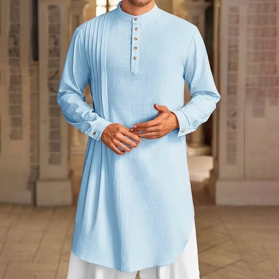 YMNXA Mens Shirt Robe Long Sleeve Linen Solid Color Buttons Comfortable Breathable Long Gown For Casual Daily Wear Blue L