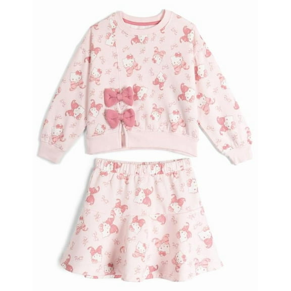Hello Kitty Fleece Drop Shoulder Pullover Sweatshirt and Skirt Outfit Set Toddler to Big Kid