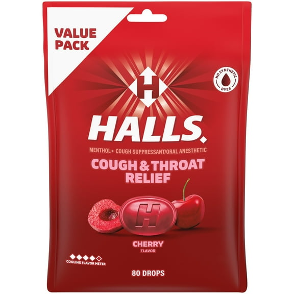 HALLS Cough and Throat Relief Cherry Cough Drops, Value Pack, 80 Drops