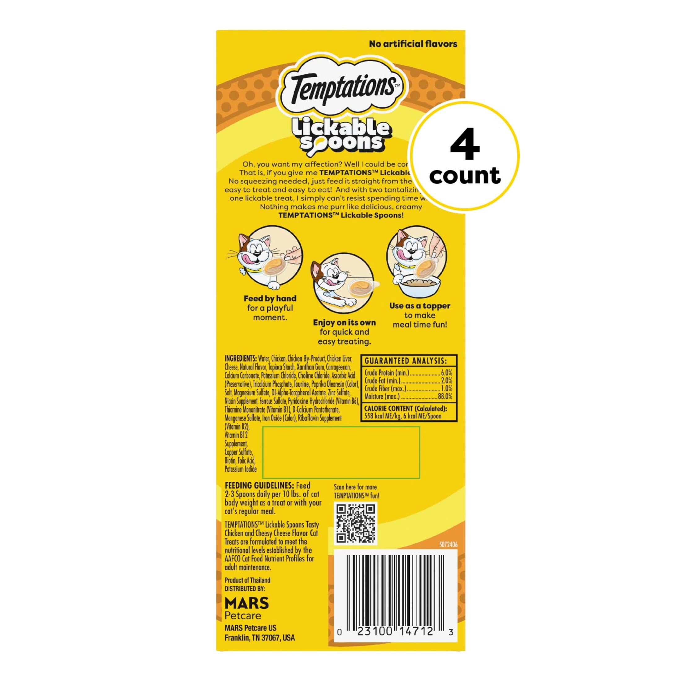 Temptations Lickable Spoons Wet Cat Treat, Tasty Chicken and Cheesy Cheese, 10 Grams, Pack of 4