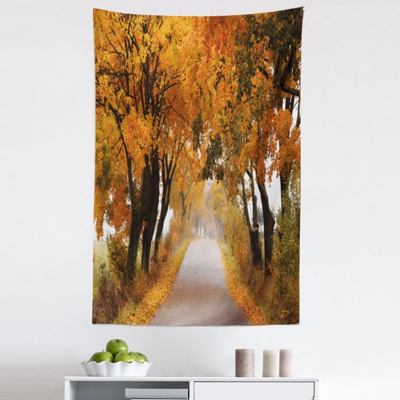 Fall Tapestry, Fall Season in Poland Road with Colorful Vibrant Maple Trees Serenity Theme, Fabric Wall Hanging Decor for Bedroom Living Room Dorm, 5 Sizes, Orange Brown Green, by Ambesonne