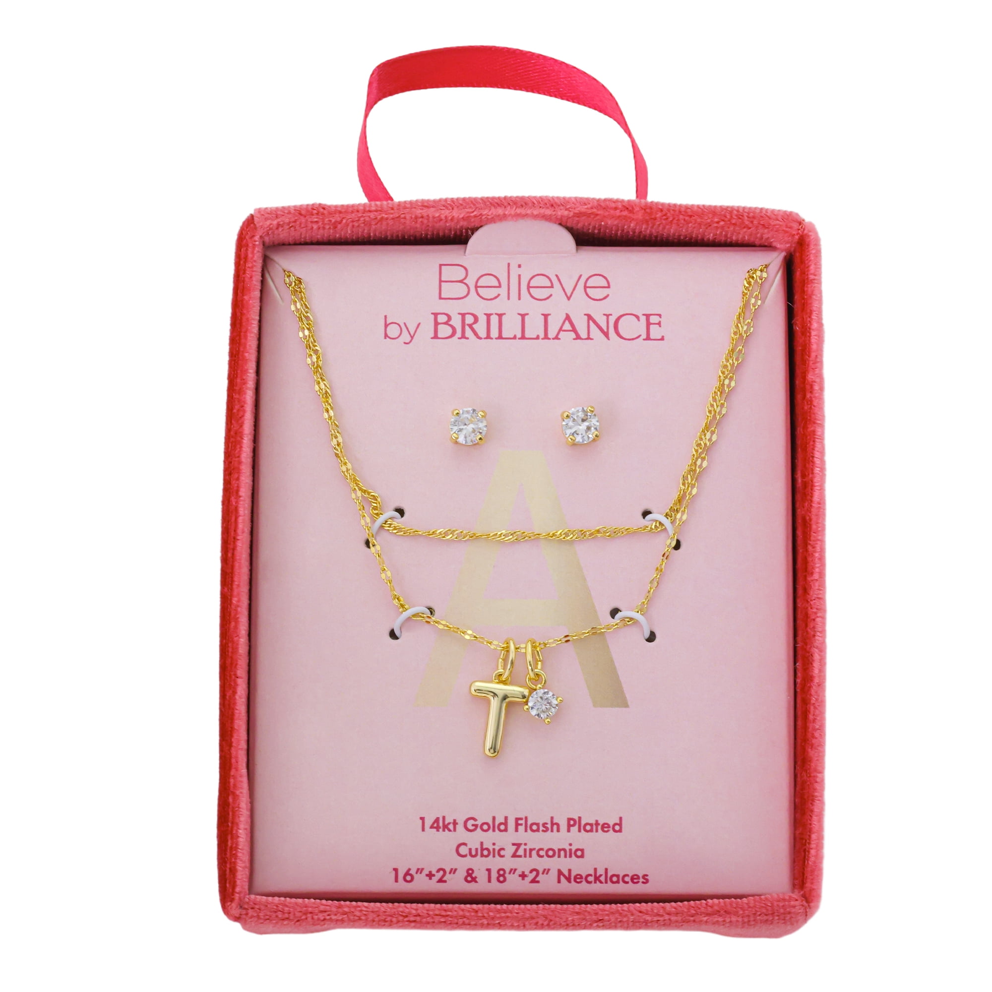 Believe by Brilliance Women's 14Kt Gold Flash Plated Initial T Slider Charm and Cubic Zirconia Charm Layered Necklace and Stud Earring Set, 16+2"/18+2"